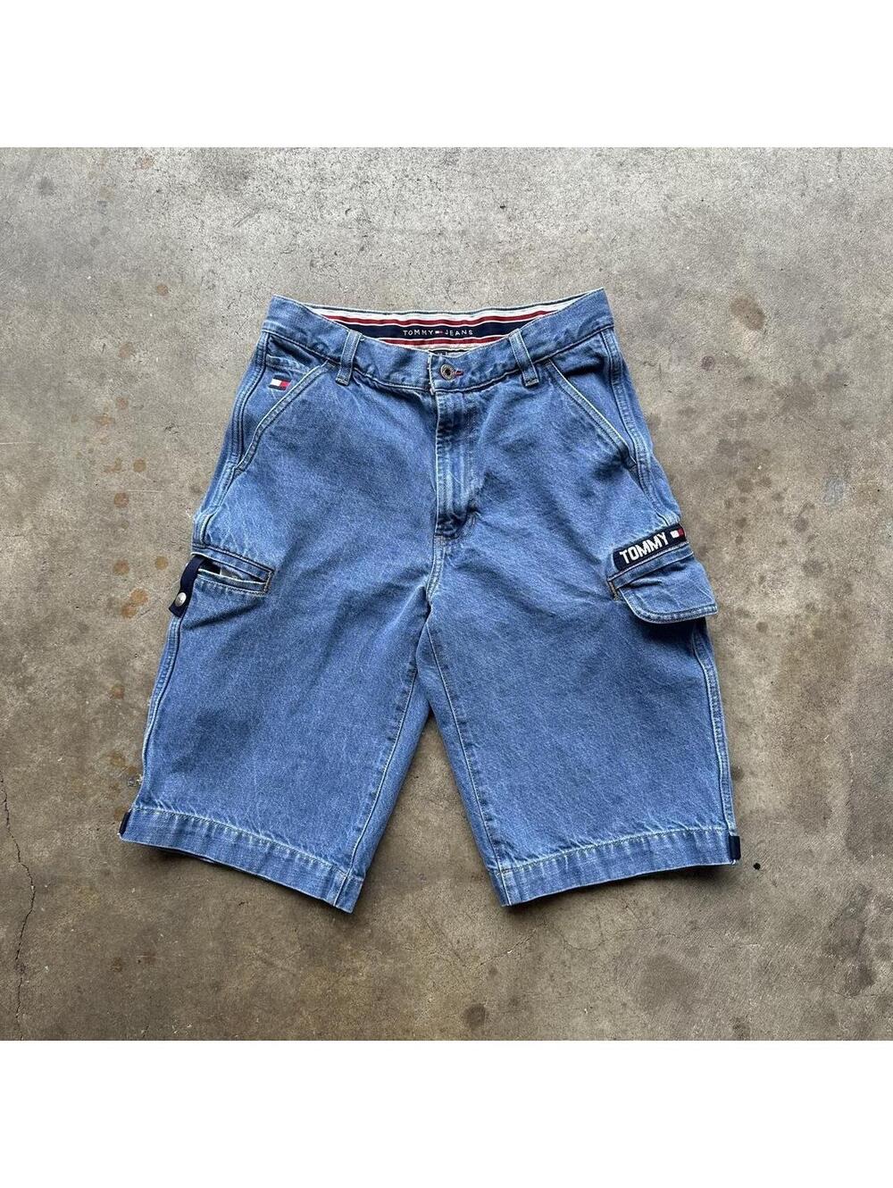 Vintage Tommy Jeans Denim Cargo Shorts Baggy Carpenter Blue Size 29
